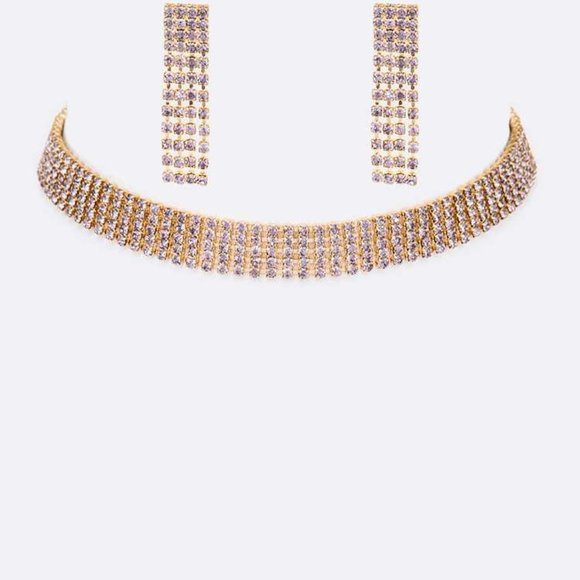 5 Row Color Crystal Rhinestone Choker Set - Gold/Purple - Picture 1 of 2